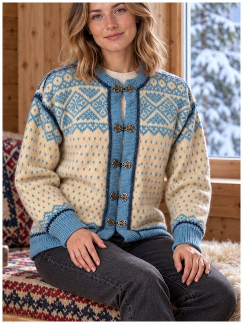 Dale of Norway Wool Cardigan Tagged 54 Blue Cream Nordic Clasp Oslo Sweater Shop